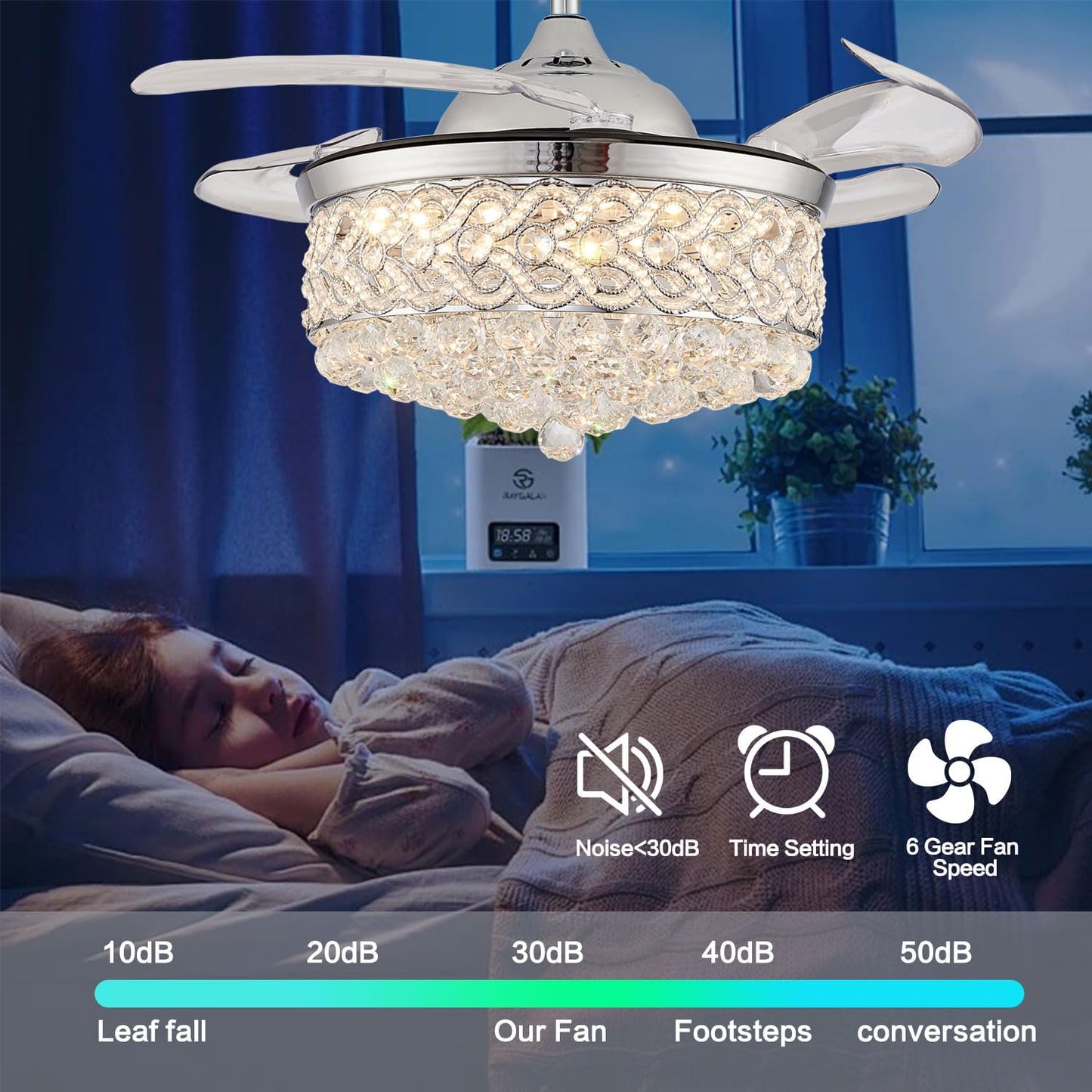 48" Crystal Ceiling Fan with Light and Remote，Dimmable Fandelier with Invisible Retractable Blades, Modern Chandelier Ceiling Fans with Lights for Bedroom Living Room 6 Speed Chrome