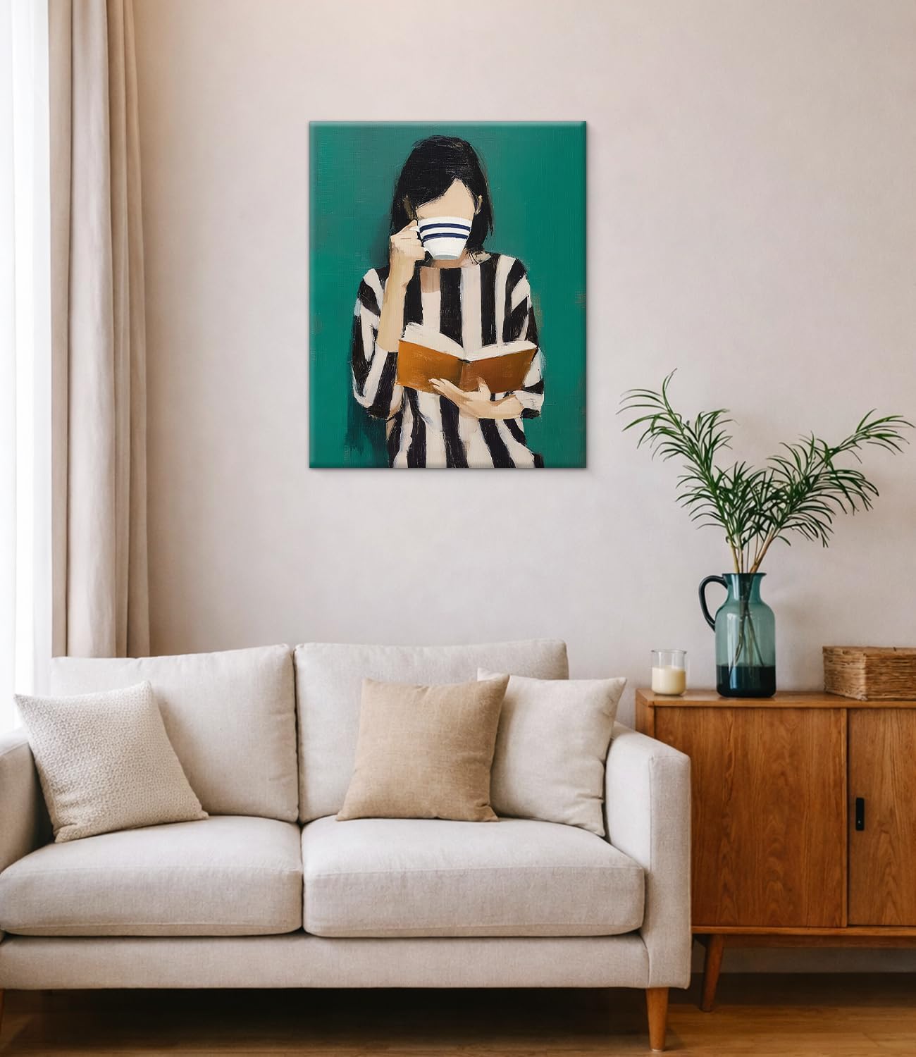 Green Reading Woman Wall Art Print - Bookish Woman Canvas Poster Painting - Book Lover Gifts Wall Decor for Home Living Room Study 8x10 Inch Framed