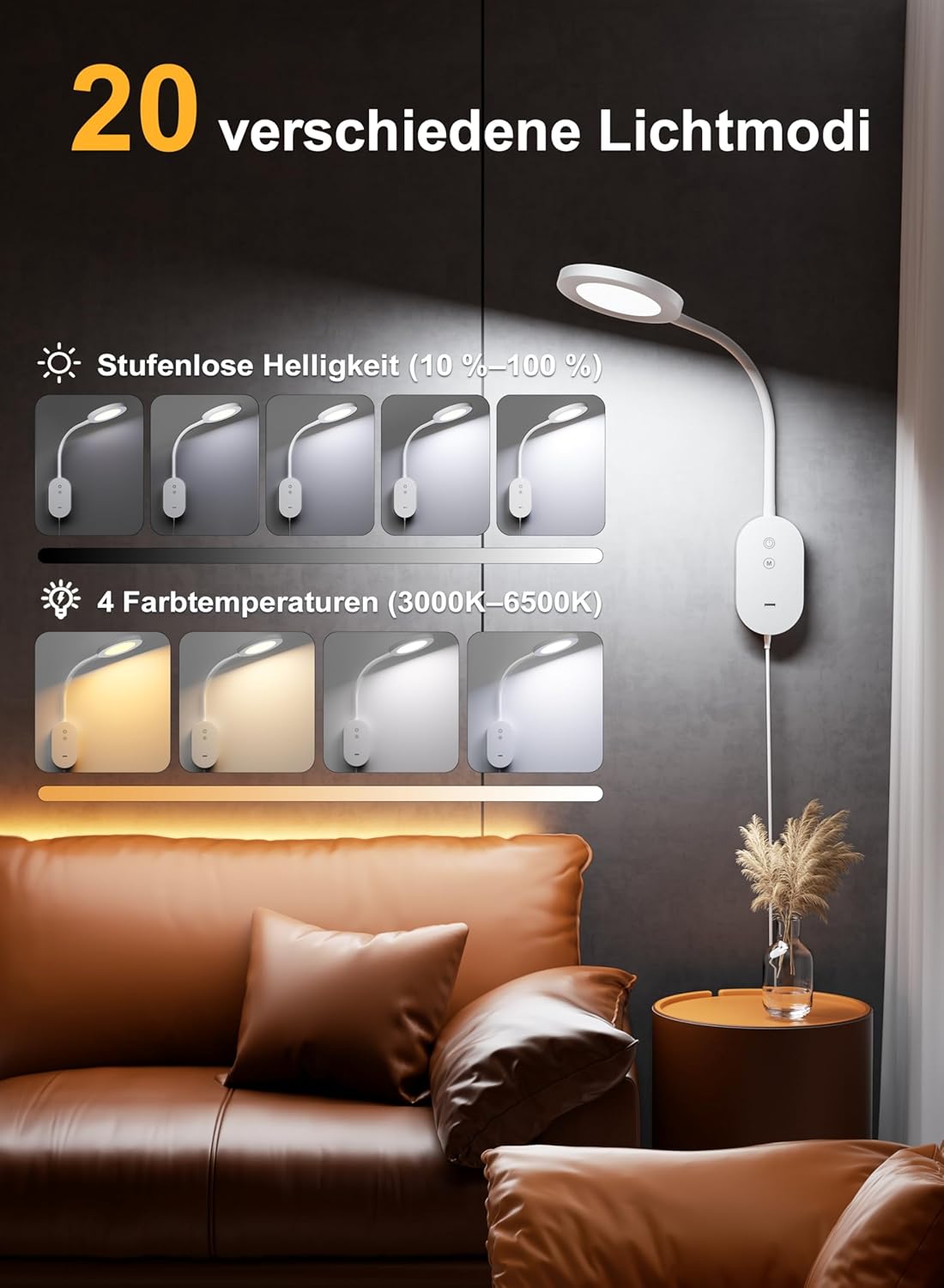 LED Wall Mounted Reading Light for Bed, Book Lights with CRI 95+ for Eye Care, Reading Lamps with 4 Color Modes 5 Dimmable, 10W USB Output Fast, Memory Function, 4 Hour Auto Off Bed Headboard Lamp