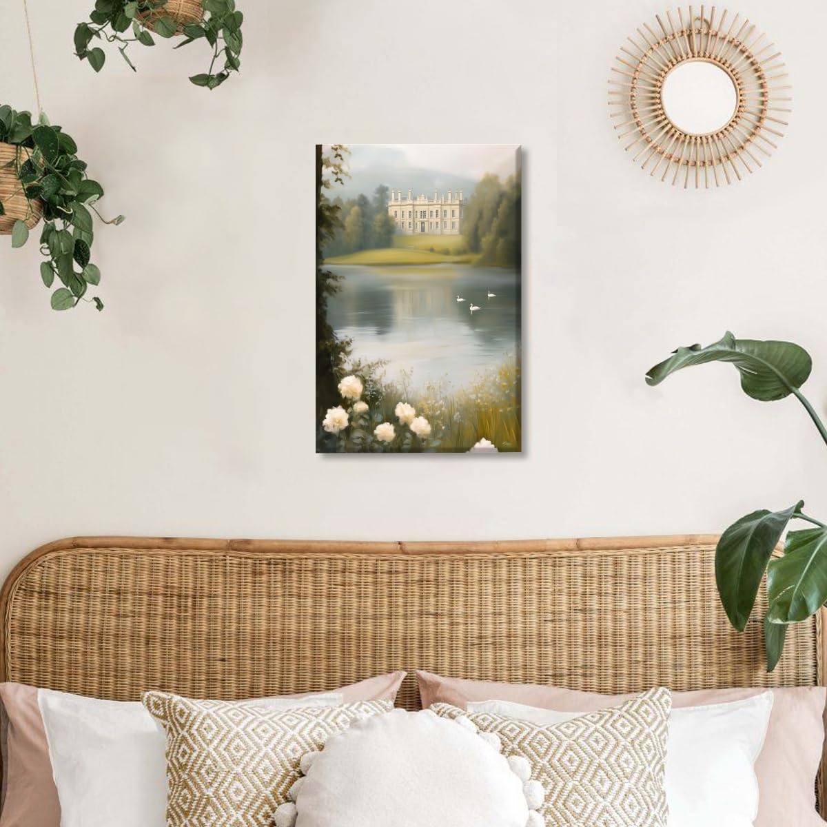 Pemberley Estate Painting English Country Wall Decor Jane Austen Inspired Wall Art Pride and Prejudice Print White Roses Swans Lake Poster Picture Decor for Library Study Home 12x18inch Unframed