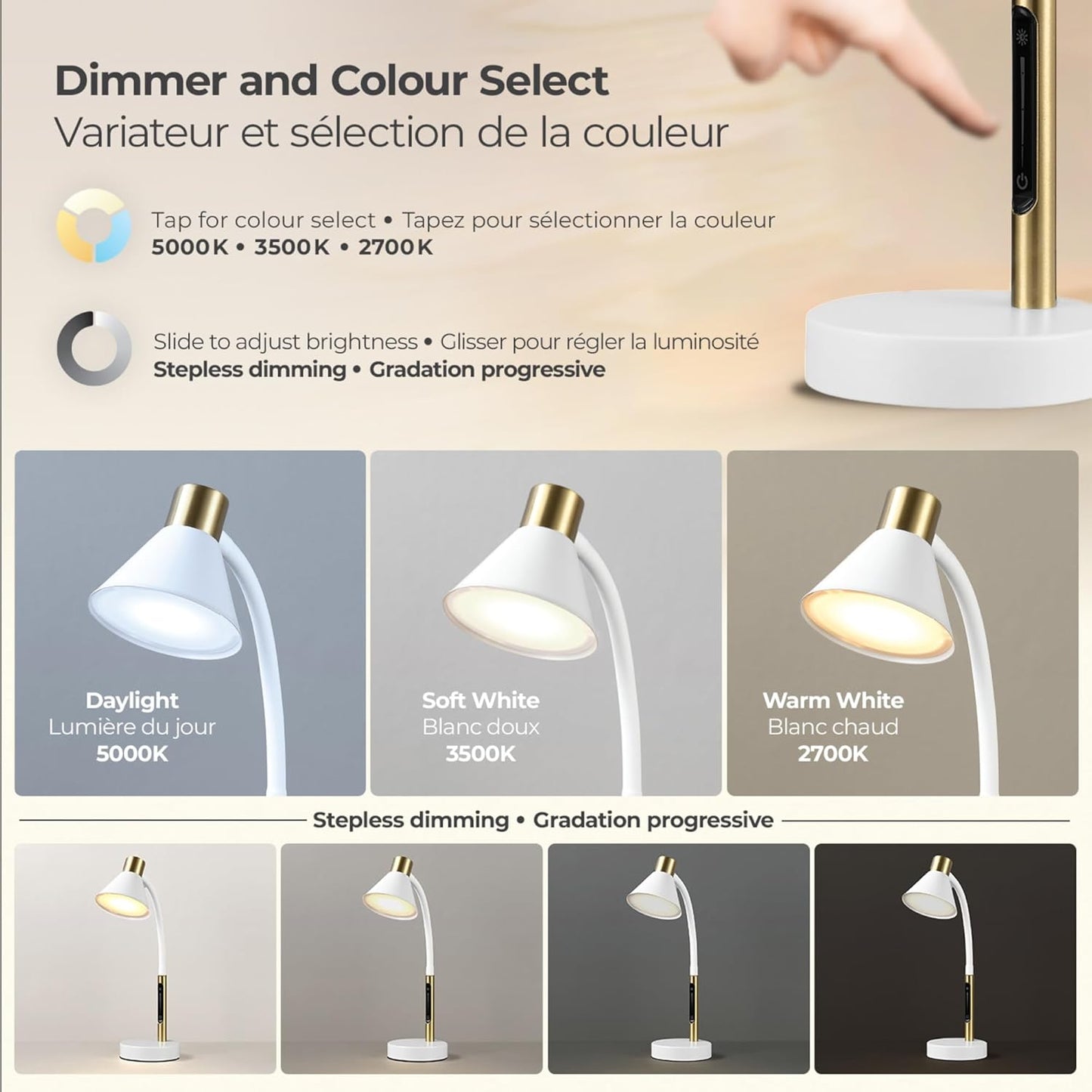 Globe Electric 62000035 15" LED Integrated Desk Lamp, Matte White, Brass Accent, Adjustable Gooseneck, Dimmable, 3 Color Temperature, 7.5W, 90 CRI, 400 Lumens, Reading Light, Dorm Room Essentials