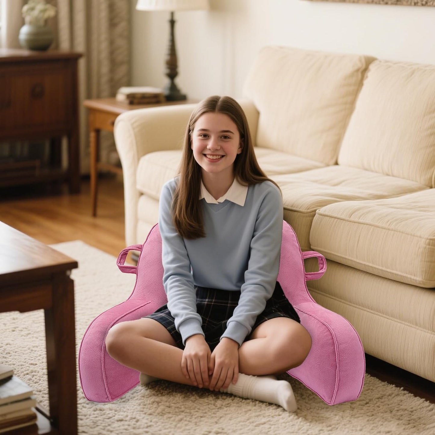 LiveGo Reading Pillow for Kids, Velvet Back Support Cushion for Sitting Up in Bed Adults, Kids Cuddle Cushion with Arms & Backrest Support Pillow for Teen Boys Girls Reading Bed Rest