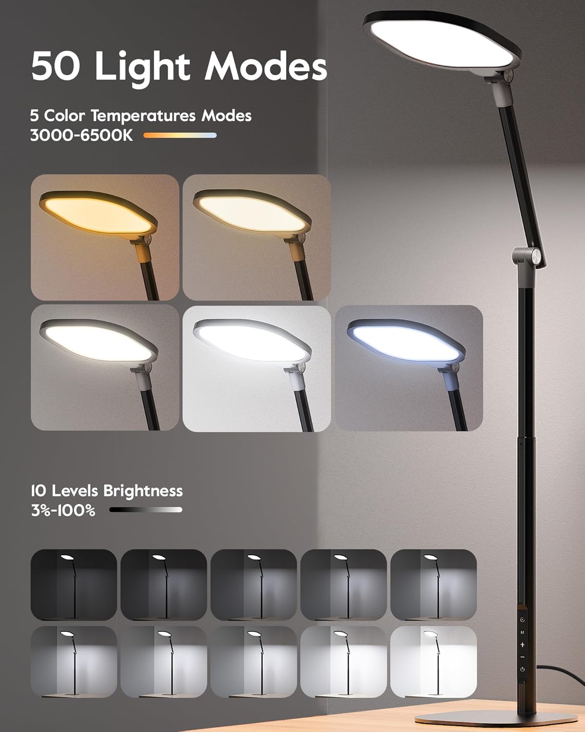 Led Desk Lamps for Home Office with Base, Tall Desk Lamp with 50 Light Modes & Memory and Timer Func Computer Light, Flexible Adjustable Table Lamps for Video Conference, Architect or Study