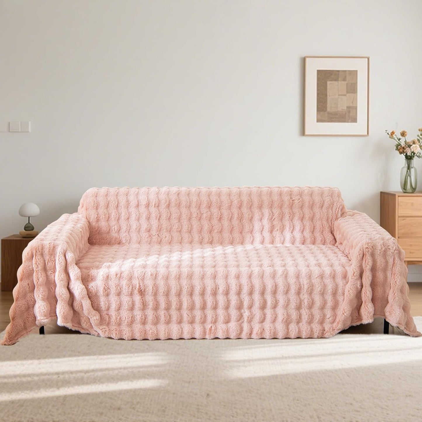 Pink Faux Fur 1 Piece Couch Cover Fluffy Sofa Slipcover Ultra Soft Universal Sofa Cover Cozy Sofa-Bed Throw Blanket Washable,71x134’’ for Dogs Pets Kids