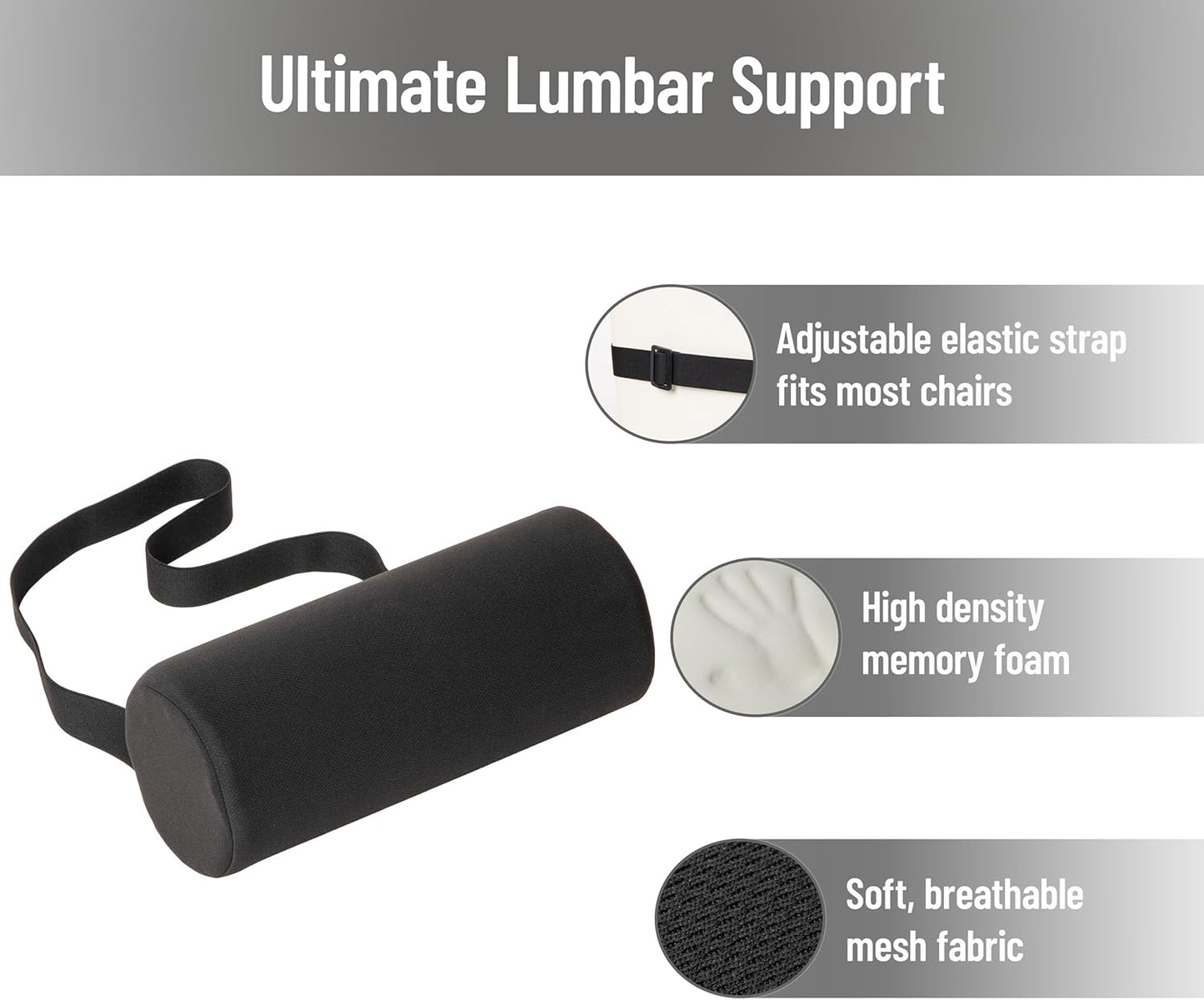 Mind Reader Lumbar Roll Pillow with Air-Cloud Memory Foam, Back, Waist & Hip Support, Breathable Cover & Adjustable Strap, Black