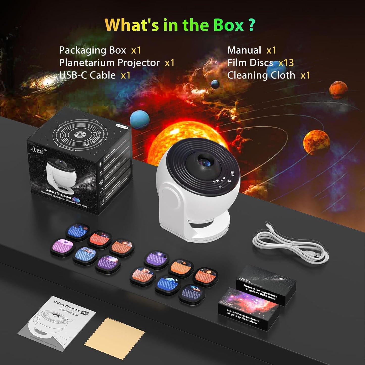 Galaxy Projector for Bedroom, Upgraded HD Star Projector Lens, 13 in 1 Planetarium Star Projector with Solar System & Constellation - 360° Rotating with Timer, Adjustable Knob, Kids Adults Room Decor
