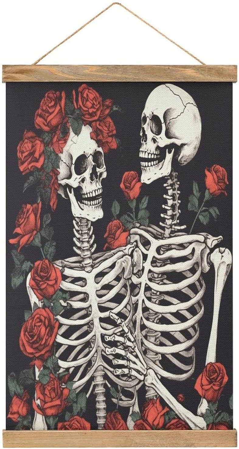 Vintage Rose And Skeleton Poster with Wooden Frame Personalized Linen Hanging Scroll Painting Rustic Wall Hanging Illustrative Modern Artwork Decor for Home Living Room Bedroom Office