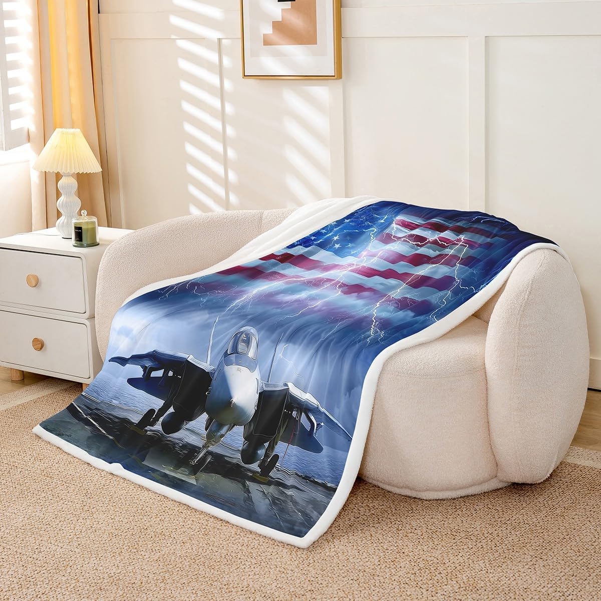 3D Aircraft Throw Blanket,American Flag Blankets for Kids Boys Teens,Glowing Lightning Fleece Blanket Fashion Cool Airplane Sherpa Blanket Adult Bedroom Decor,for Chair/Sofa,50"×60"