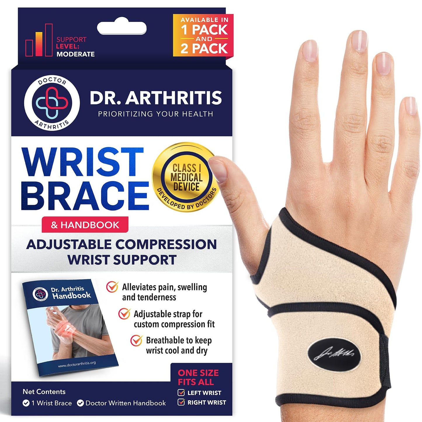 Doctor Developed Wrist Brace - Wrist wrap for Carpal Tunnel Arthritis,Tendonitis, Hand Support - Ideal for Fitness, Weightlifting - Handbook included (Nude, 1 Pack, Wrist Brace)