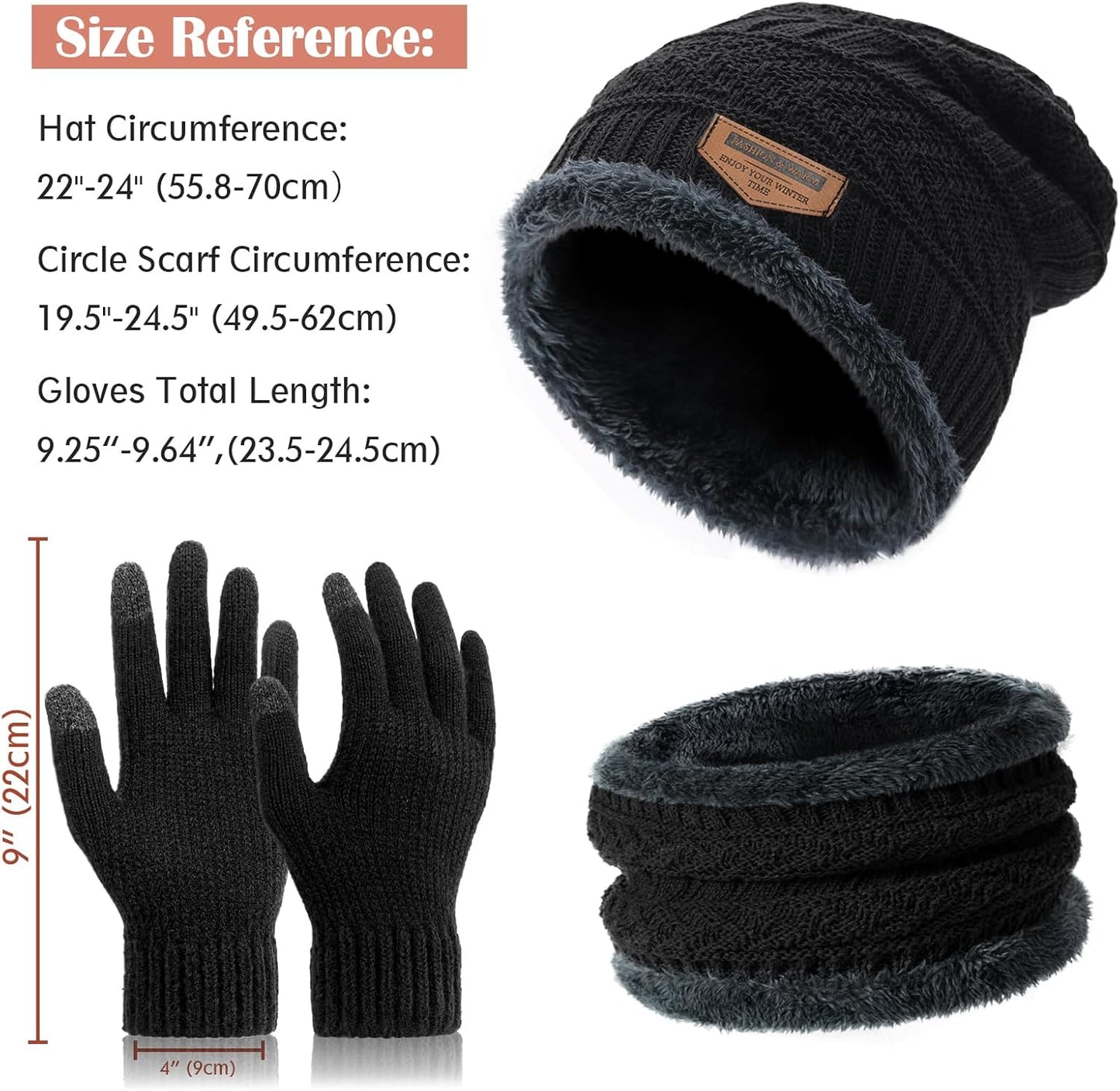 Winter Beanie Hat Circle Scarf Touchscreen Gloves Set, Snow Knit Skull Cap, Warm Thick Fleece Lined Neck Warmer for Men Women