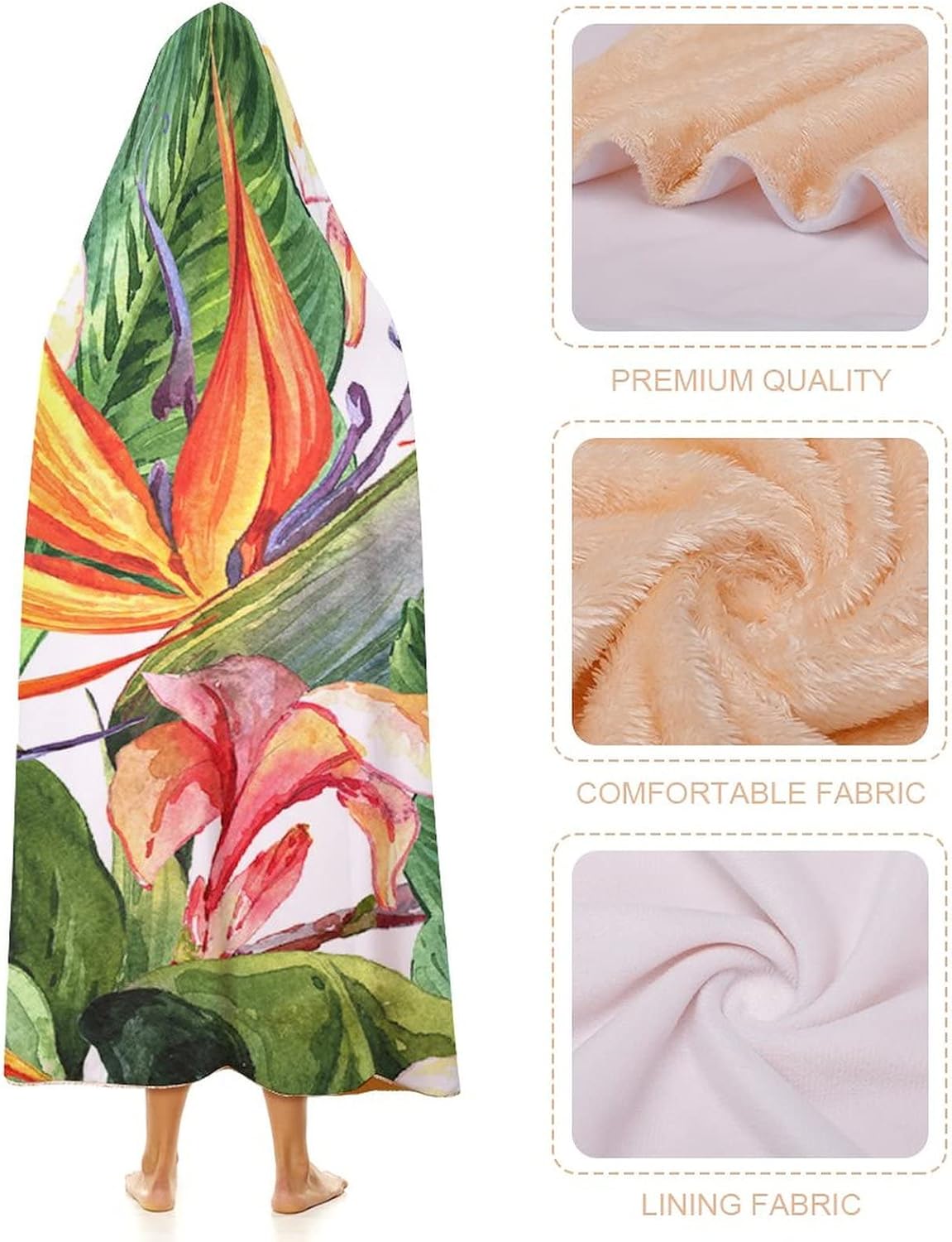 Throw Blankets, Tropical Women Men Hooded Blanket, Exotic Flowers Bird of Paradise, Soft Warm Cozy, 40 x 50inches, Studying Reading Snuggling Napping Office, Multicolor