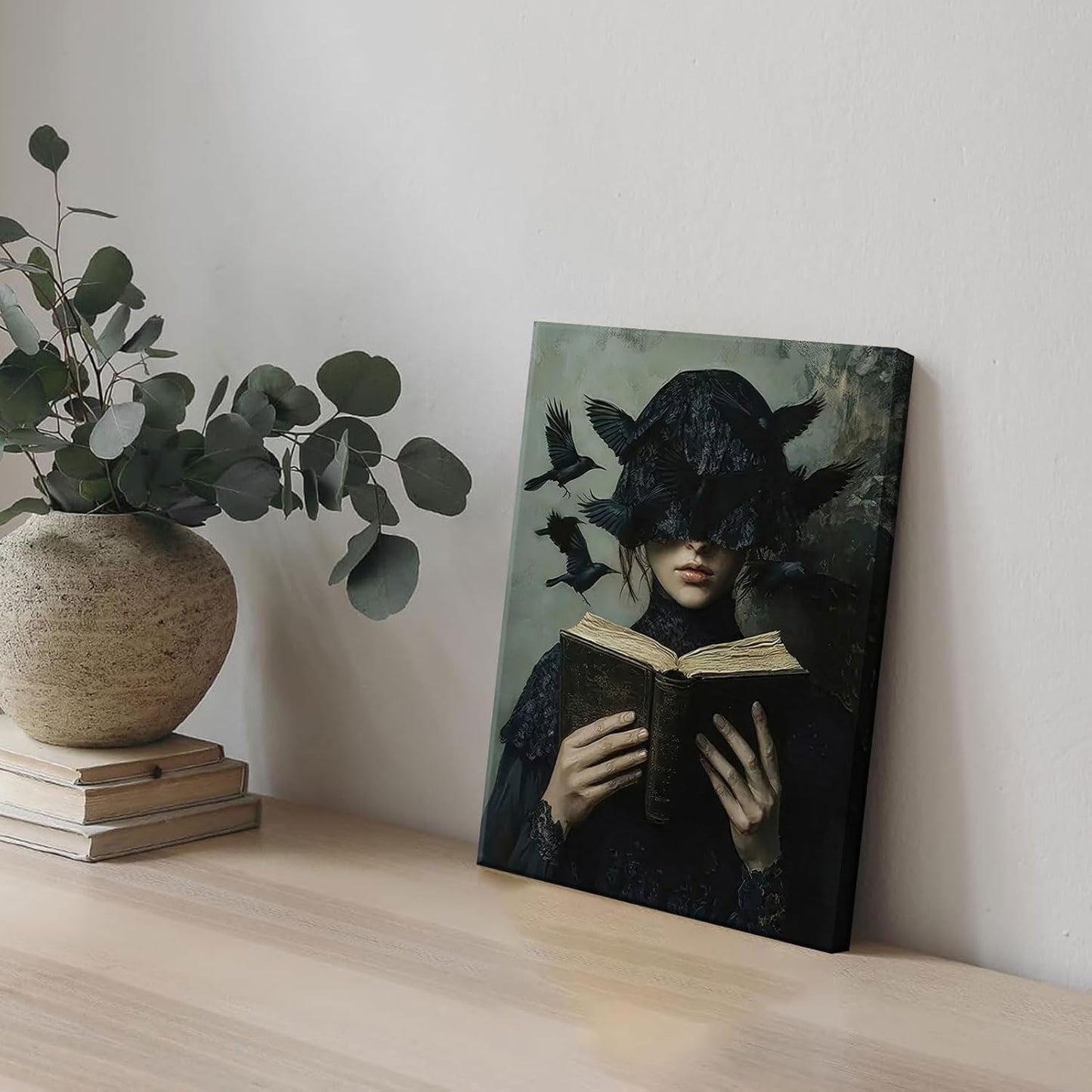 Dark Academia Canvas Wall Art Gothic Victorian Woman Reading Book Wall Decor Picture Moody Dark Crow Aesthetic Poster Print for Gallery Living Room Bedroom Home Decoration 12x16in