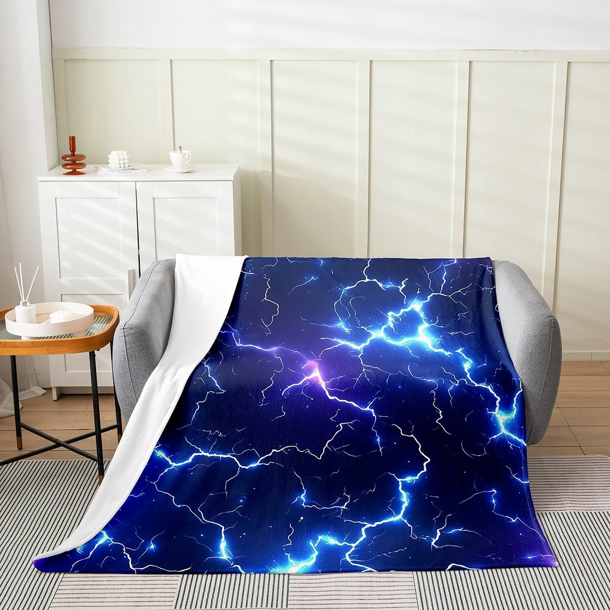 Blue Lightning Flannel Fleece Blanket Throw Size,Super Soft Cozy 3D Lightning Plush Blankets,Lightweight Microfiber Blue and Purple Throw Blanket for Sofa Bed,50x60 Inches