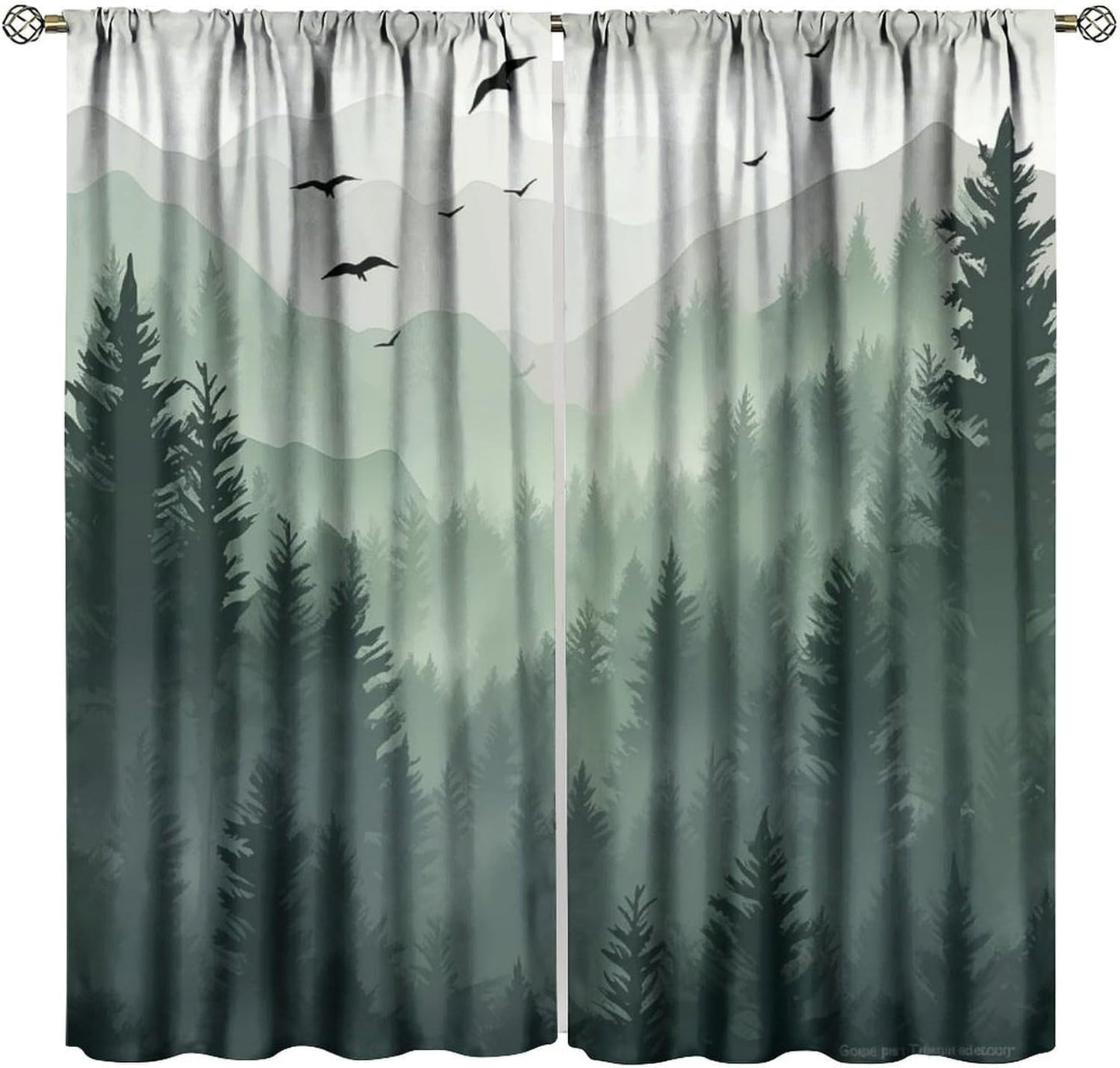 Forest Blackout Curtain for Living Room, Watercolor Green Forest Flying Birds Nature Mountain Tree Woodland Home Window Treatments 2 Panels Drapes for Kitchen Batroom Office Deocr 42"W X 45"L