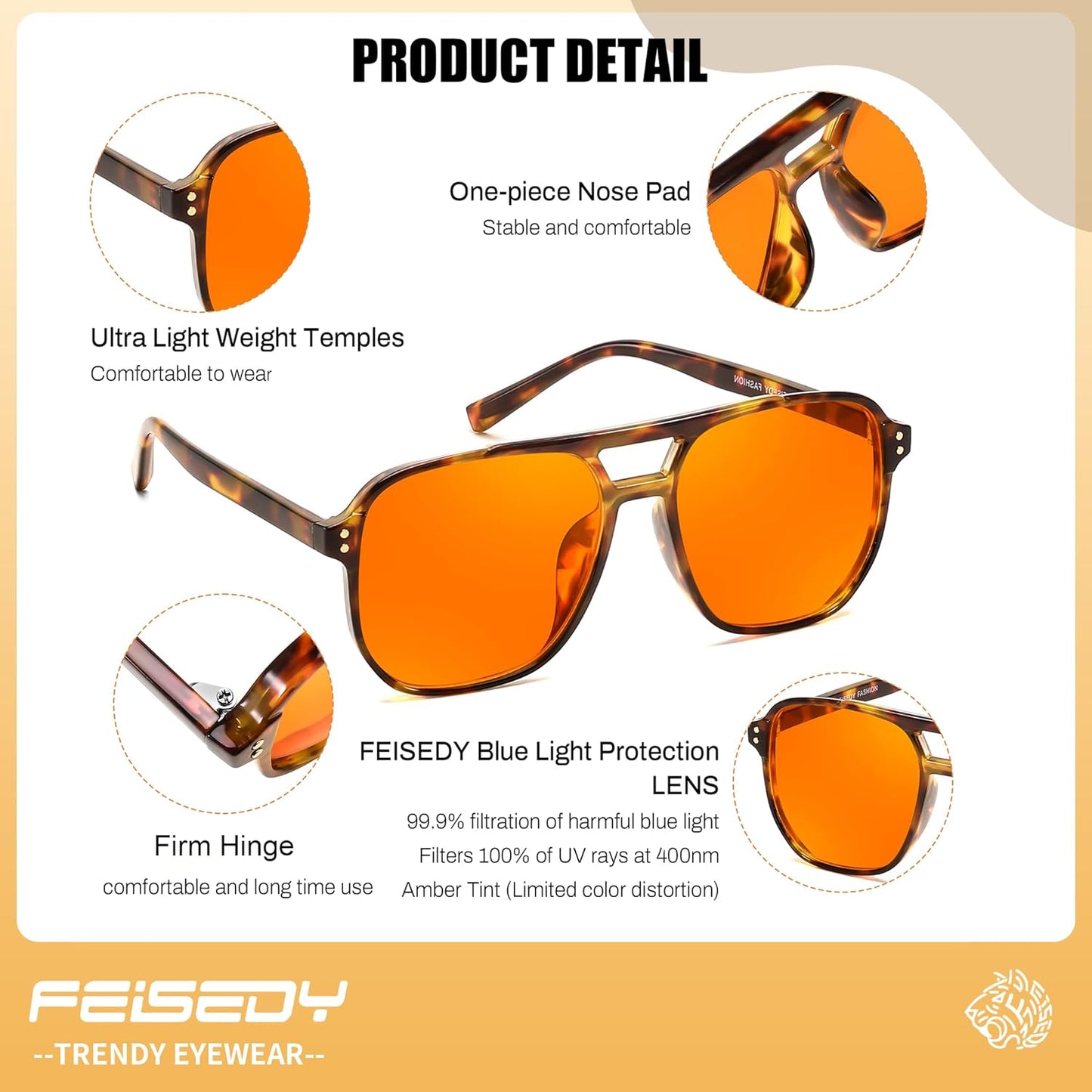 FEISEDY Amber Blue Light Glasses for Computer Gaming Orange/Yellow lens Anti Eyestrain Sleep Glasses G2835