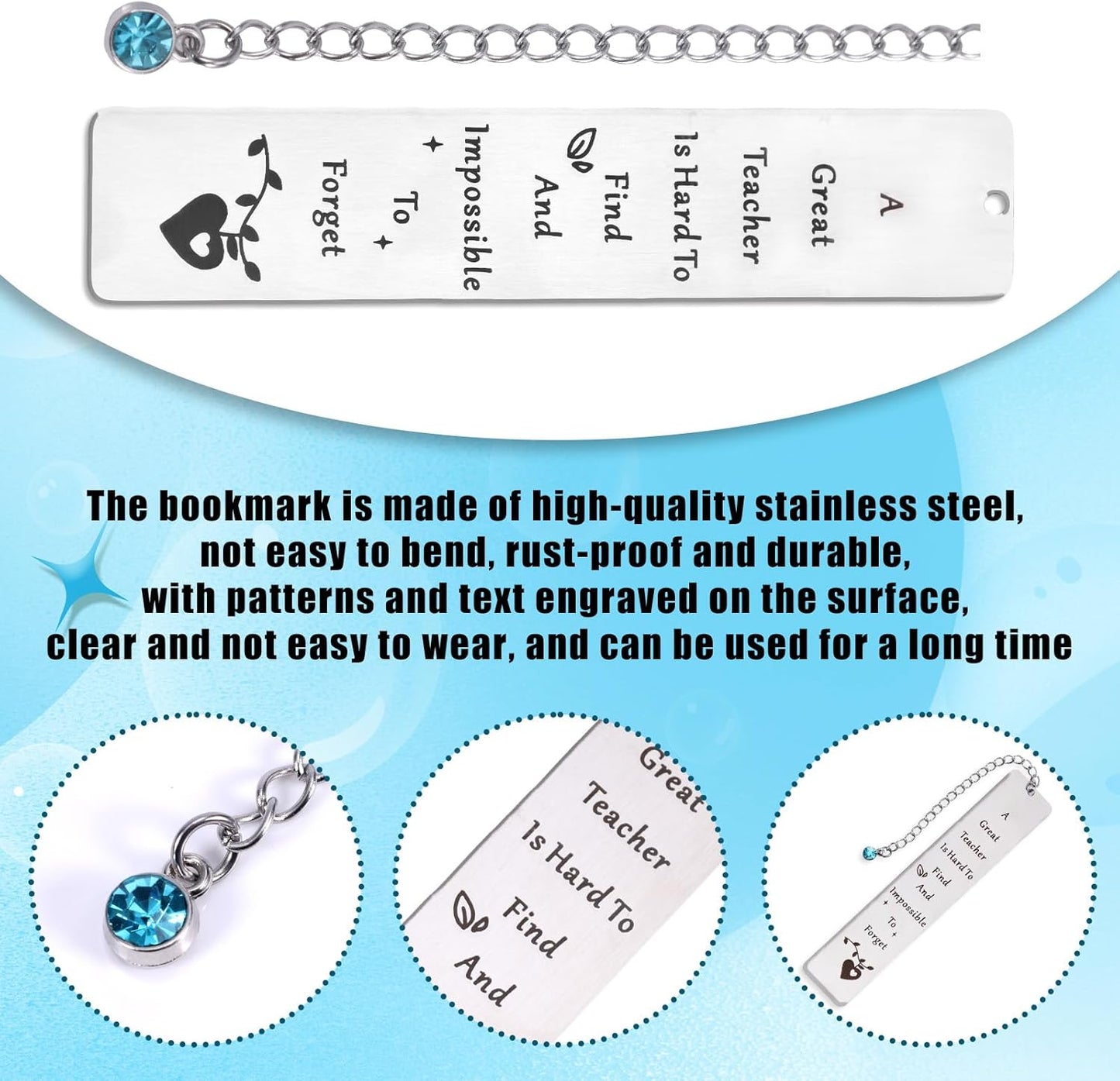 Teacher Appreciation Bookmark, Elegant Metal Bookmark with Gift Box Thank You Gift for Teachers from Students for Women Men Graduation Retirement Christmas (Blue Charm)