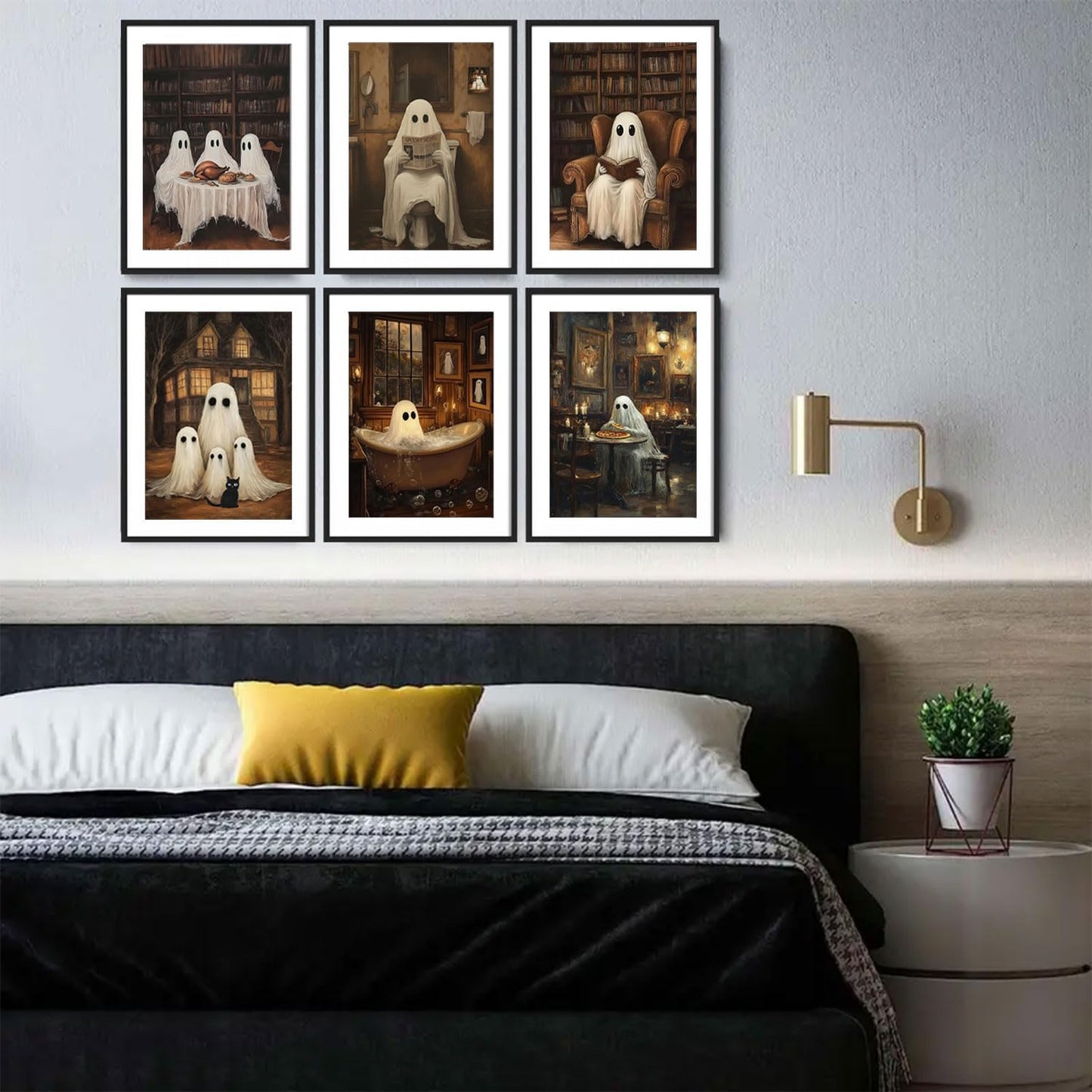 6Pcs Halloween Ghost Wall Art Gothic Ghost Scenes Reading Bathing Dining Wall decoration pictures Spooky Halloween Canvas Posters Prints for Bedroom Bathroom Home Decor Unframed (12inx16in Posters)