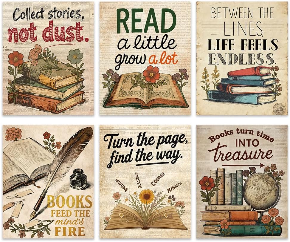 GOMAKERER 6 Pcs Vintage Book Wall Art Prints, Book Club Aesthetic Posters Reading Corner Decor for Bedroom Office Home Decorations, 8 x 10 Inch Unframed