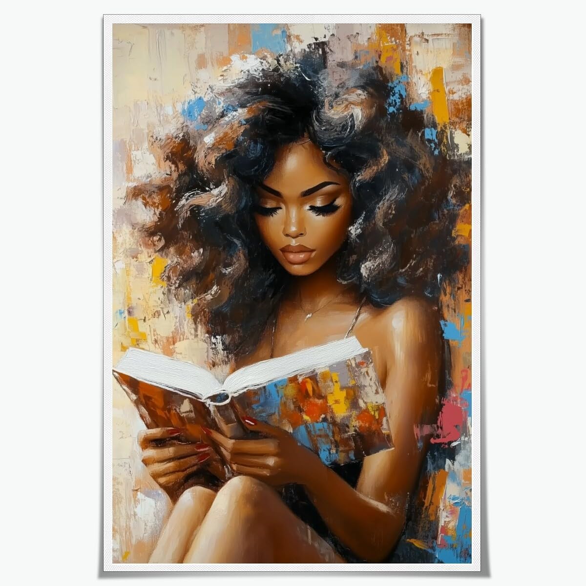 Mpgloquial African Black Woman Wall Art Beauty Lady Reading Book Canvas Oil Painting Posters Trendy Black Girl Poster Inspired Wall Decor Aesthetics for Apartment Dorm 8x12inch Unframed
