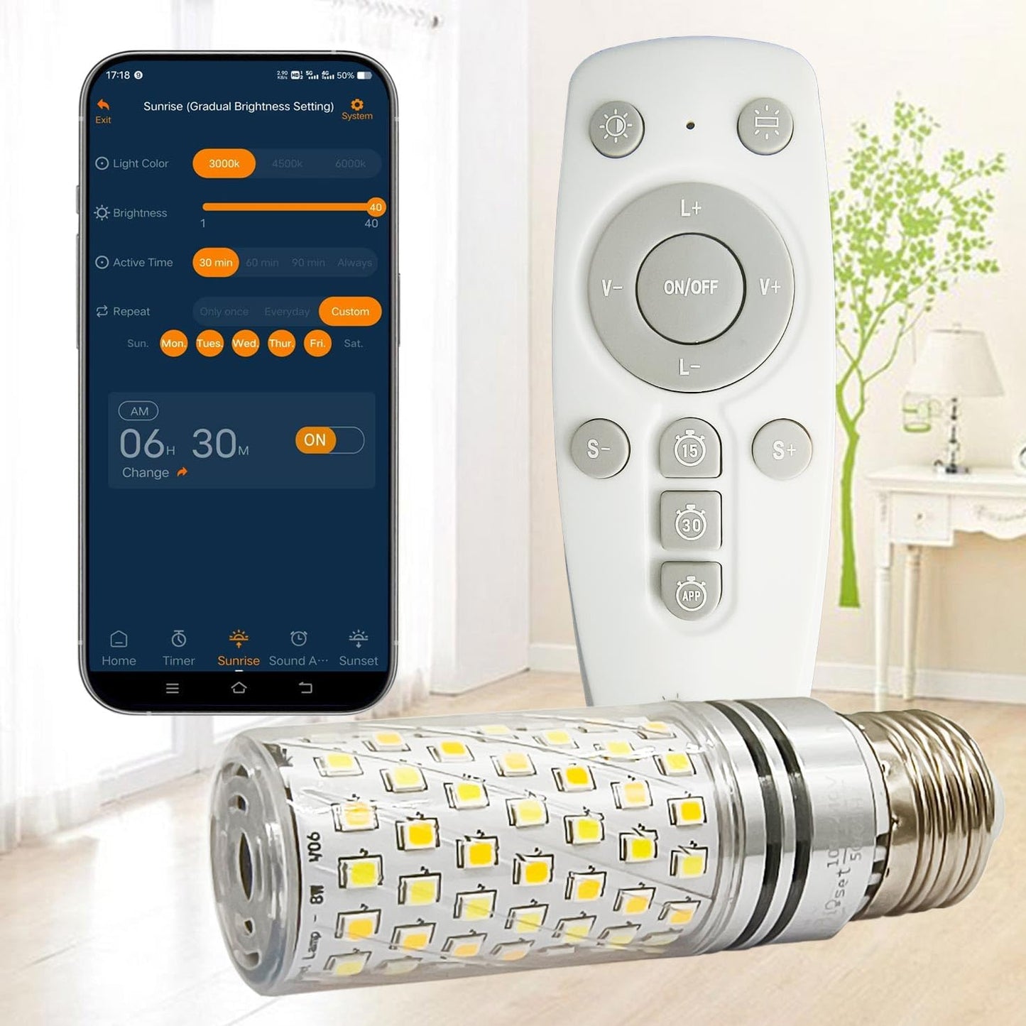 Morning Wake-Up Essential | Smart LED Light Alarm Bulb with Sunrise Sunset Simulation & Natural Sounds, 2-in-1 for Wake-Up & Sleep Aid, App + Remote, 800 Lumens, Perfect for Bedroom Ambiance