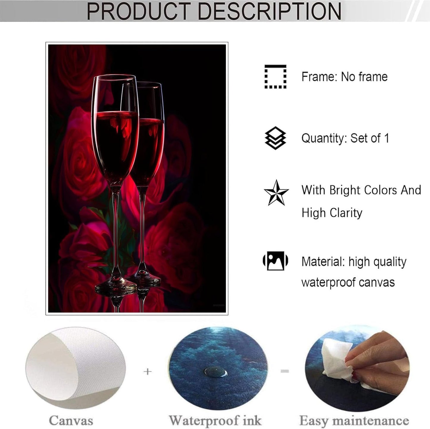 GDJSMIN Abstract Romantic Pattern Wall Art, Wine Glass Red Roses Poster for Reading Room Living Room Decor 12x 16 inch Unframed