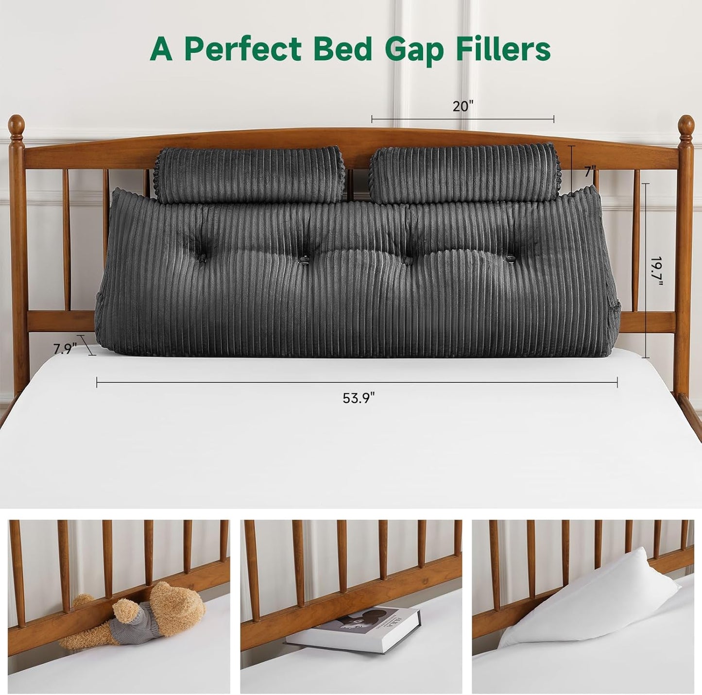 Z-hom Large Wedge Pillow Headboard, Full Triangular Headboard Pillow, Reading Pillow Bed with a Roll Pillow for Bed Sitting Up Sleeping, Backrest Cushion Headboard Gap Pillow for Back,Grey