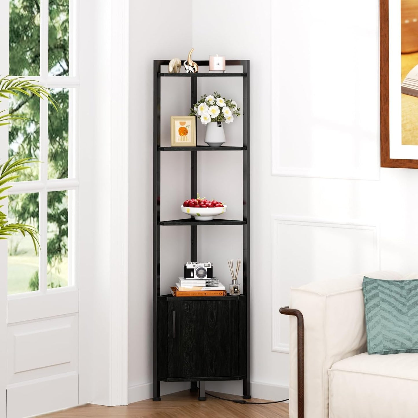 Furnulem Corner Shelf,5-Tier Corner Cabinet with Storage and LED Light, 62.8” Standing Display Bookshelf for Bedroom, Living Room, Kitchen, Wood Display Shelf (Black Oak) | with Storage, LED Light, for Bedroom, Living Room, Kitchen