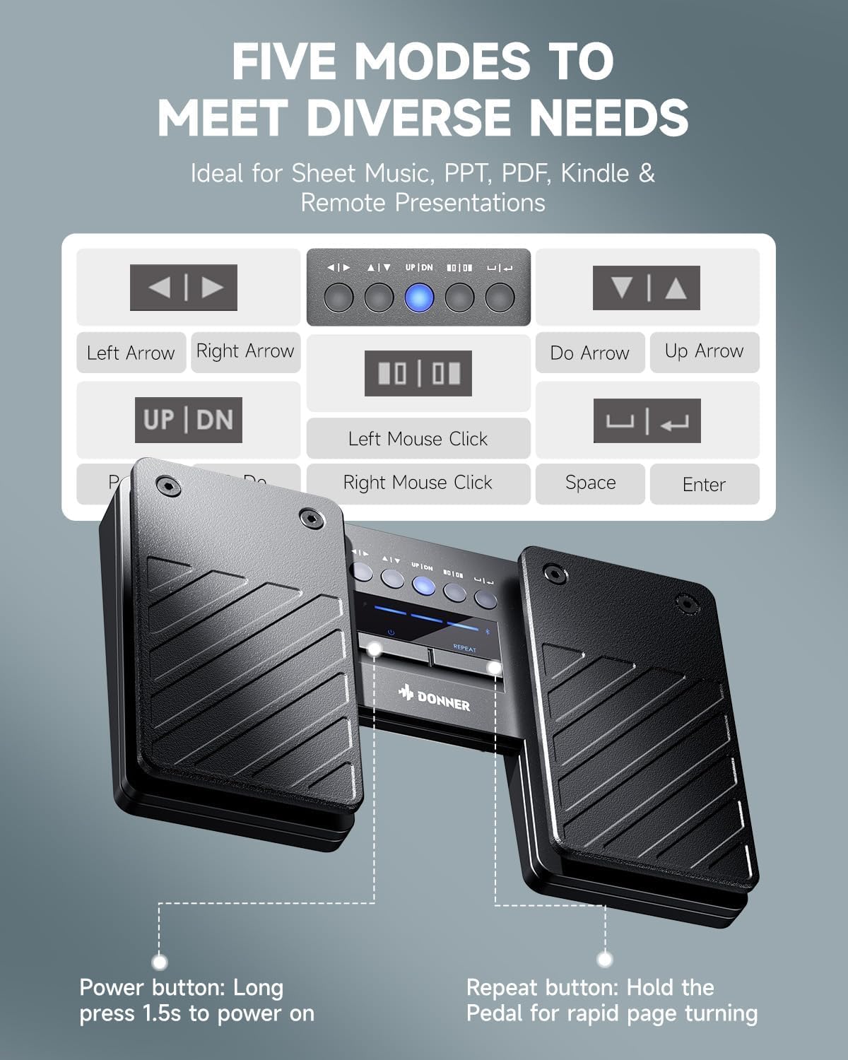 Donner Wireless Bluetooth Page Turner Pedal for iPad Tablets Phone Foot Pedal, Black
