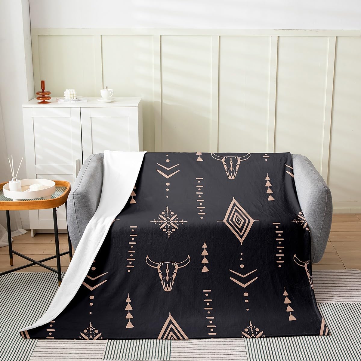 Bull Skull Blanket Throw 50x60 Inch Boho Throw Blanket Ethnic Horns Bohemian Fleece Blanket Brown Tribal Symbol Mysterious Aztec Bedroom Decor Abstract Geometric Fuzzy Blanket For Men Boys