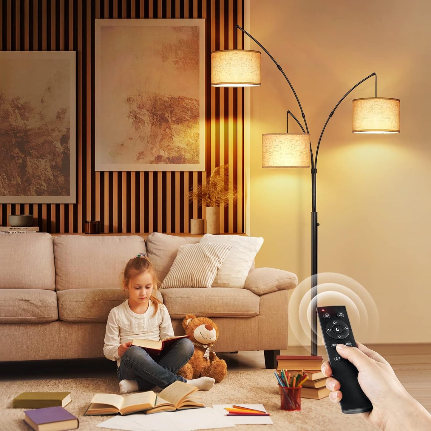 OUTON Arc LED Floor Lamp with Remote Control, Dimmable Modern Black 3 Light Arched Tall Floor Lamp, Mid Century Adjustable Standing Corner Lamps for Bedroom, Office, Living Room, Beige Lampshade