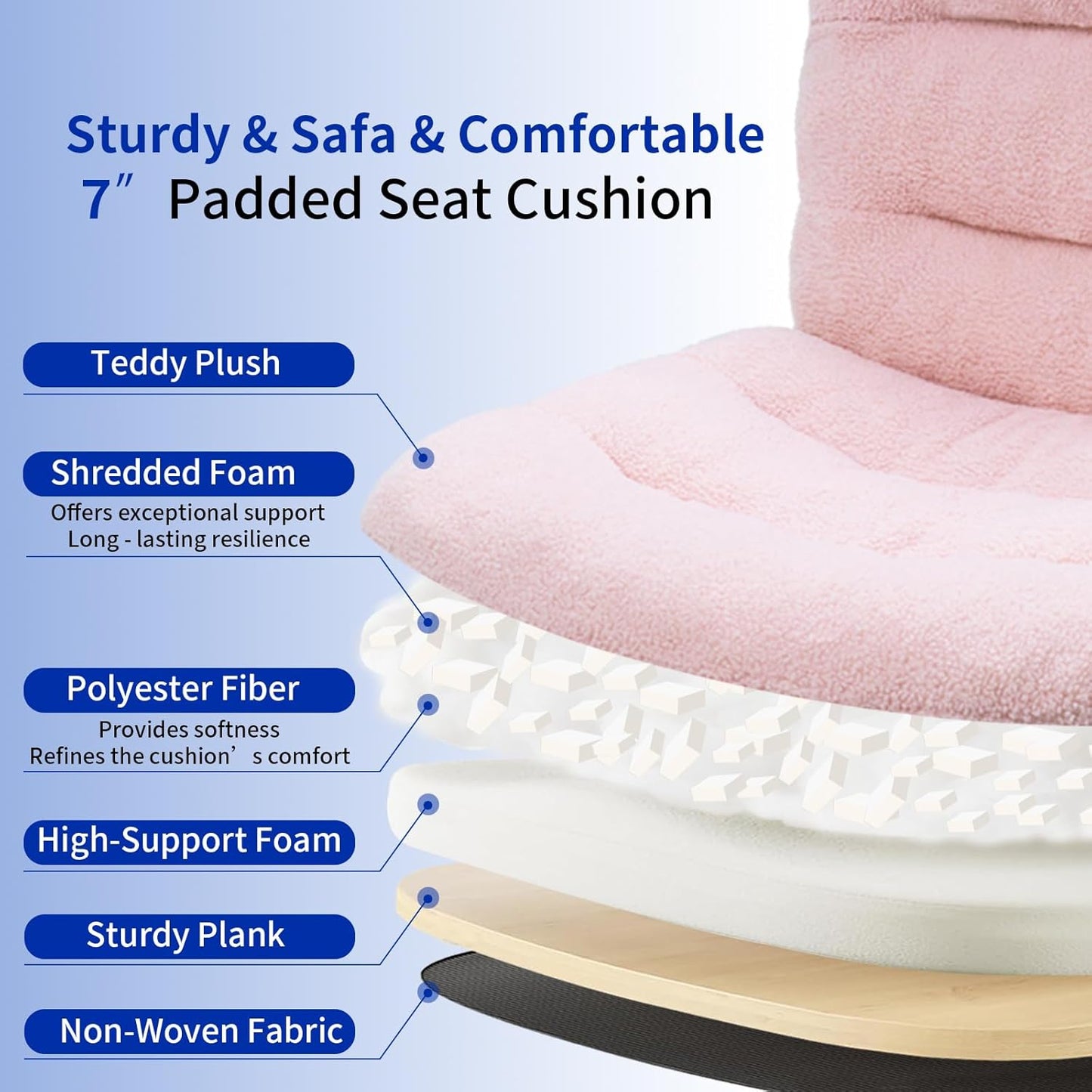 Wide Cross Legged Office Chair with Footrest, 400LB Capacity, Rocking, Height Adjustable, Locking Wheels & Armless. Ideal for Work, Gaming, Reading, Makeup - Teddy Plush Pink