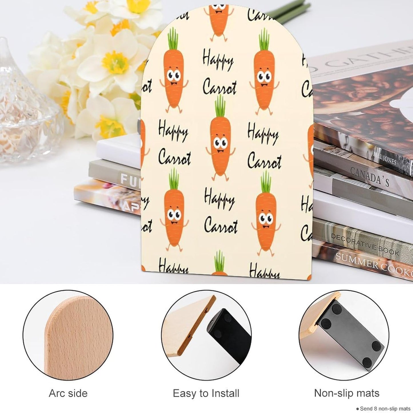 Happy Carrot Wooden Bookend Non-Slip Book Ends Heavy Duty Book Stopper with Metal Base Books Holderd Decorative Bookends Stands Firmly for Office Supplies