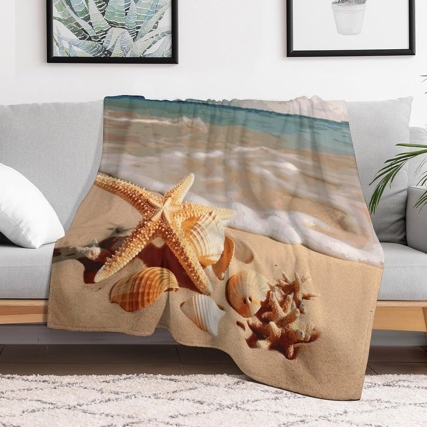 Seashells Starfish on Beach Blanket Super Soft Lightweight Throw Blanket Cute Cozy Warm Bed Blanket Decorative Fuzzy Blanket All-Season Home Decor Gift for Sofa Couch Living Room 50"*60"（130 * 150cm）
