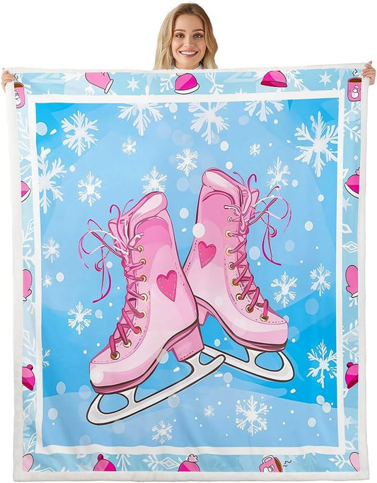 Ice Skate Throw Blanket,Winter Skating Sports Outdoor Games Fuzzy Blanket,Winter Snowflake Romantic Fleece Throws for Bed Couch Sofa,Pink Blue Soft and Breathable,Throw Size (50 x 60 Inches)