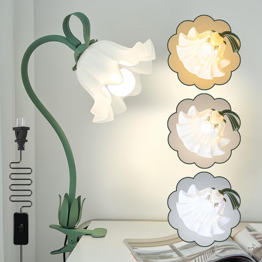 Clip on Light Flower Desk Lamp, LED Reading Light 3 Color Modes Eye-Caring Book Light Flexible Gooseneck Bedside Clip on Lamp for Desk Piano Office Bed Headboard Dorm (Green Lamp)