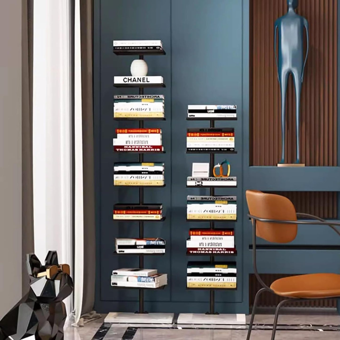 Modern 6-Tier Vertical Bookshelf Tower, Free Standing Narrow Bookcase with Open Shelves, Space-Saving Floor-to-Wall Storage for Living Room, Bedroom, Office (Black)