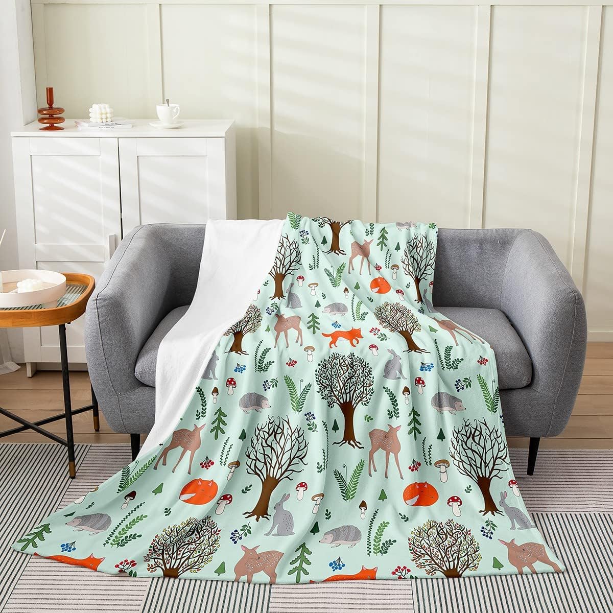 Erosebridal Farm Animals Fleece Blanket Throw Size, Cartoon Rabbit Deer Fox Hedgehog Fuzzy Blanket for Kids Boys Girls, Mushroom Tree Woodland Decor Flannel Blanket, Soft Cozy Throw Blanket, Green