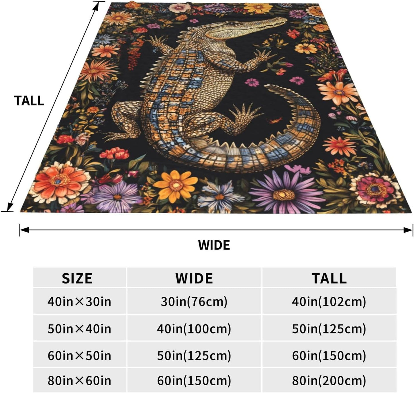 Alligator Blanket for Kids Men Adults, Soft Lightweight Flannel Animal Floral Alligator Throw Blanket for Sofa Couch Bed Traveling Camping Alligator Gifts Idea, Plush Alligator Decor 50x60 inches