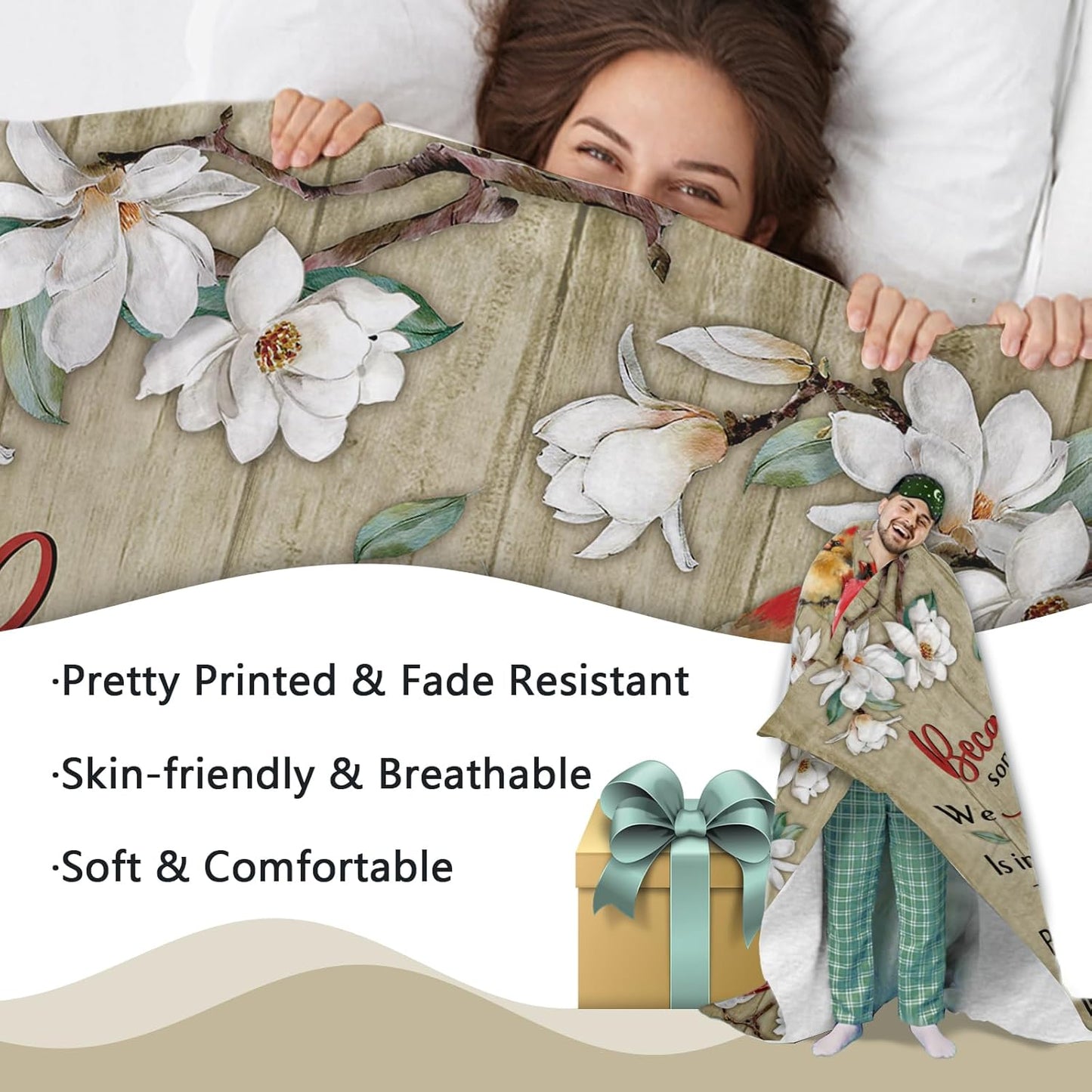 Memorial Cardinal Flannel Throw Blanket, Sympathy Gifts for Memory Lost Loved Ones Friends Family Members, Red Birds Magnolia Flower Farmhouse Soft Blankets for Bedding Sofa 50 x 60 Inches