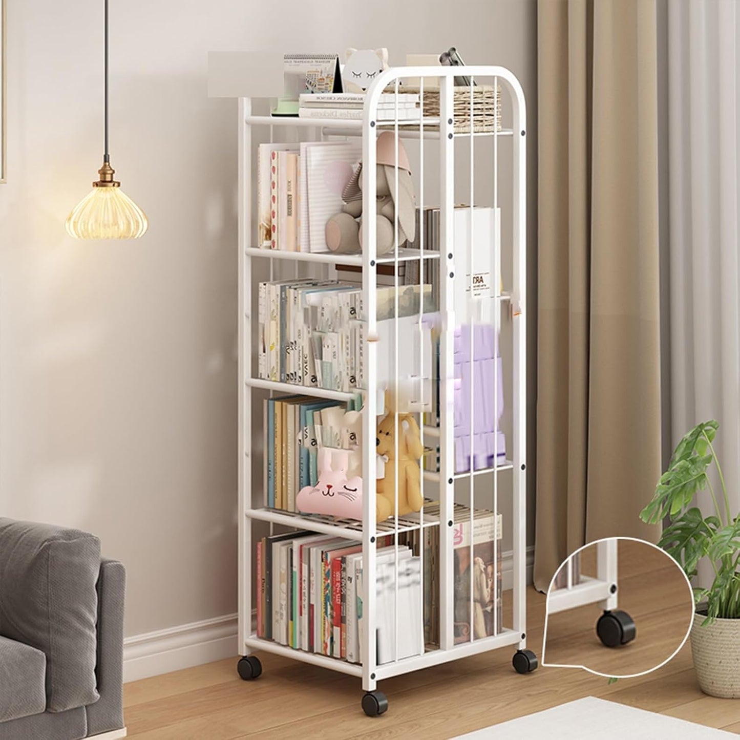 SEIFE Open Floor-to-Ceiling Invisible Bookshelf，Movable Creative Iron Storage Rack，Metal Tall Narrow Ladder Bookshelf,Tall Metal Bookcase Bookshelf with Wheels(White,124cm/48.8in)