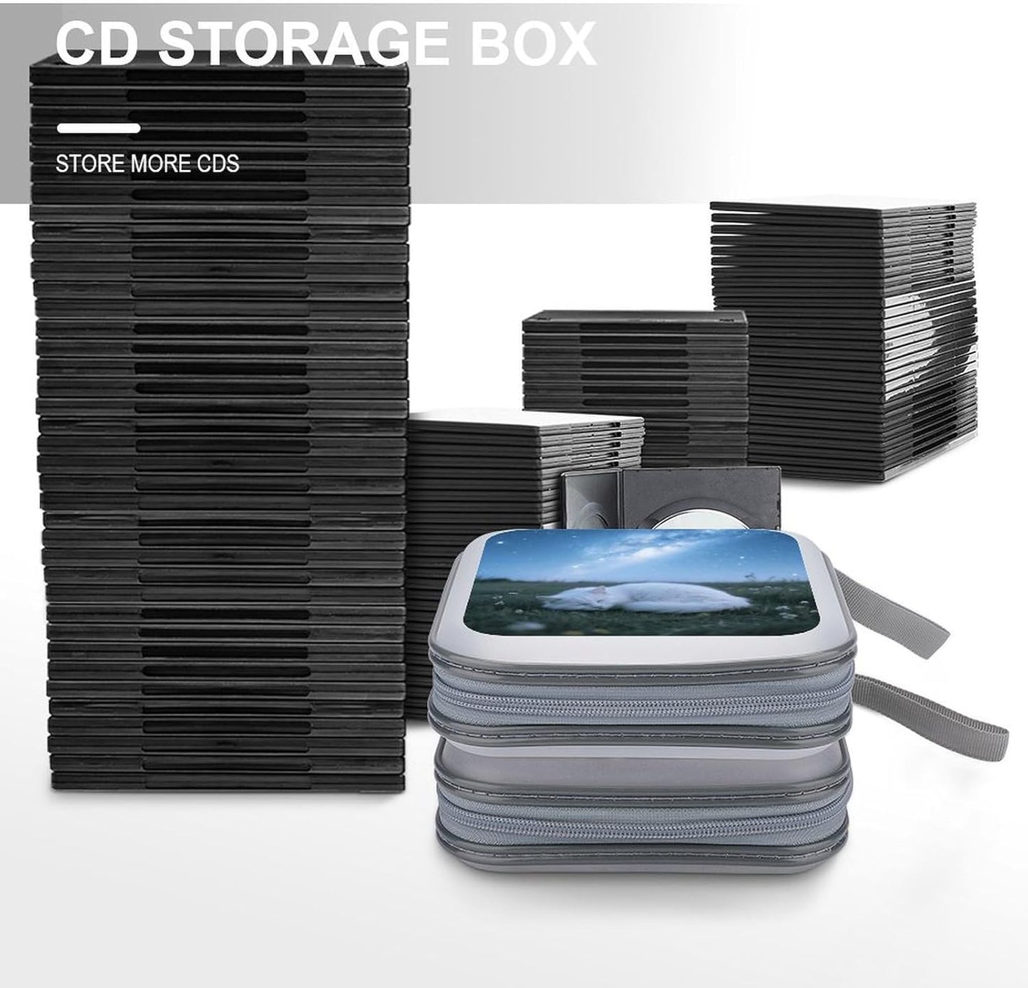 Sleep Cat Starry Night CD Case Portable Zipper CD Case 40 Capacity Hard Plastic DVD Cases Holder Large Storage Disc Wallet Bag for Car Home Travel DVD Collection Bag