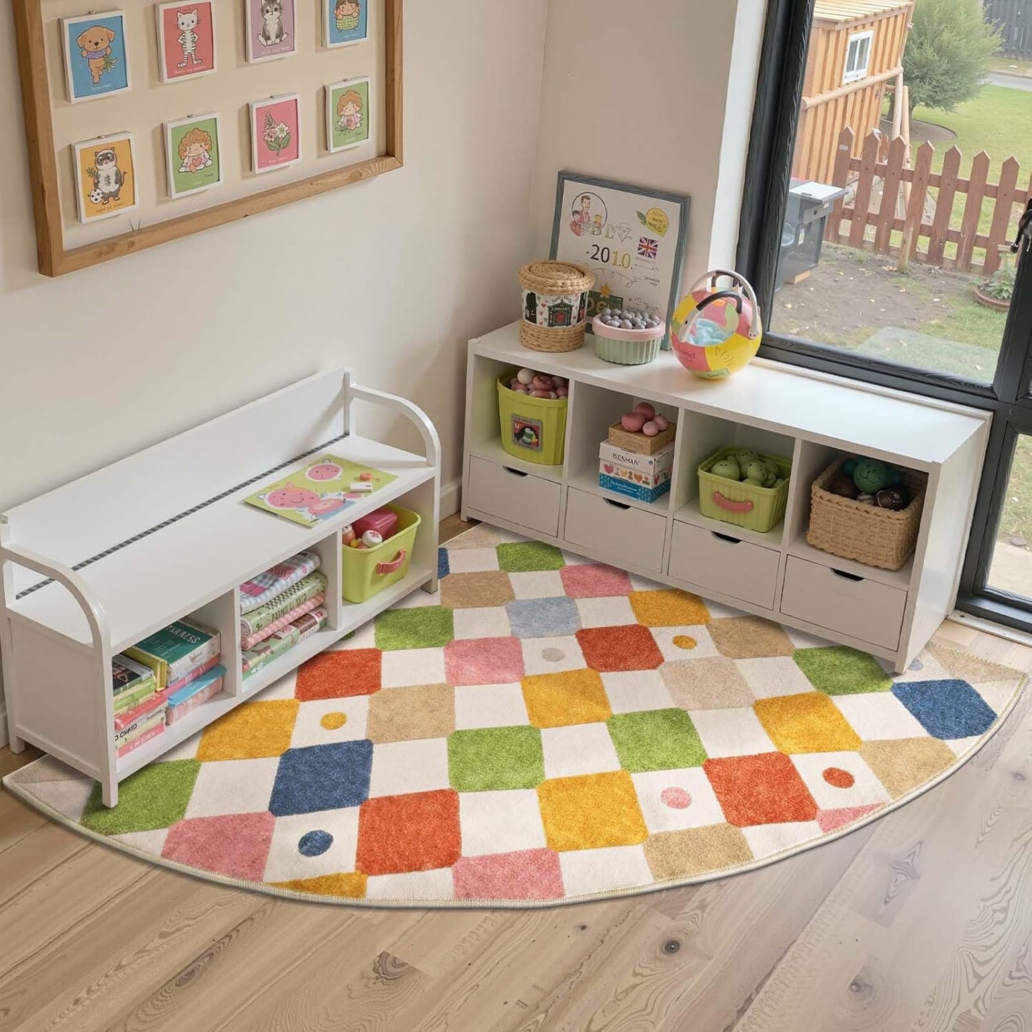 jinchan Macy Kids Rug for Nursery 5ft Radius Corner Washable Area Rug Modern Colorful Quarter Circle Rug Soft Non-Slip Carpet for Bedroom Playroom Daycare Reading Nook Classroom Circus on Cream