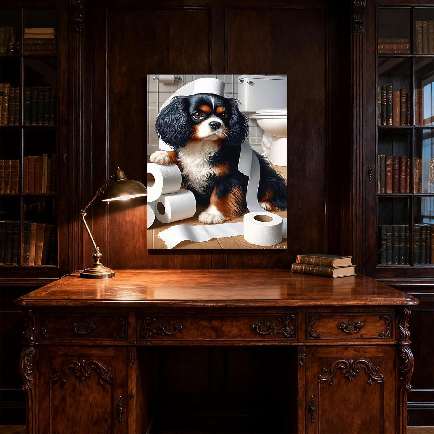 Tricolor Cavalier King Charles Spaniel Bathroom Wall Art Funny Dog Toilet Paper Poster, Black and White Washroom Decor, Gift for Dog Lovers 8x10inch Framed