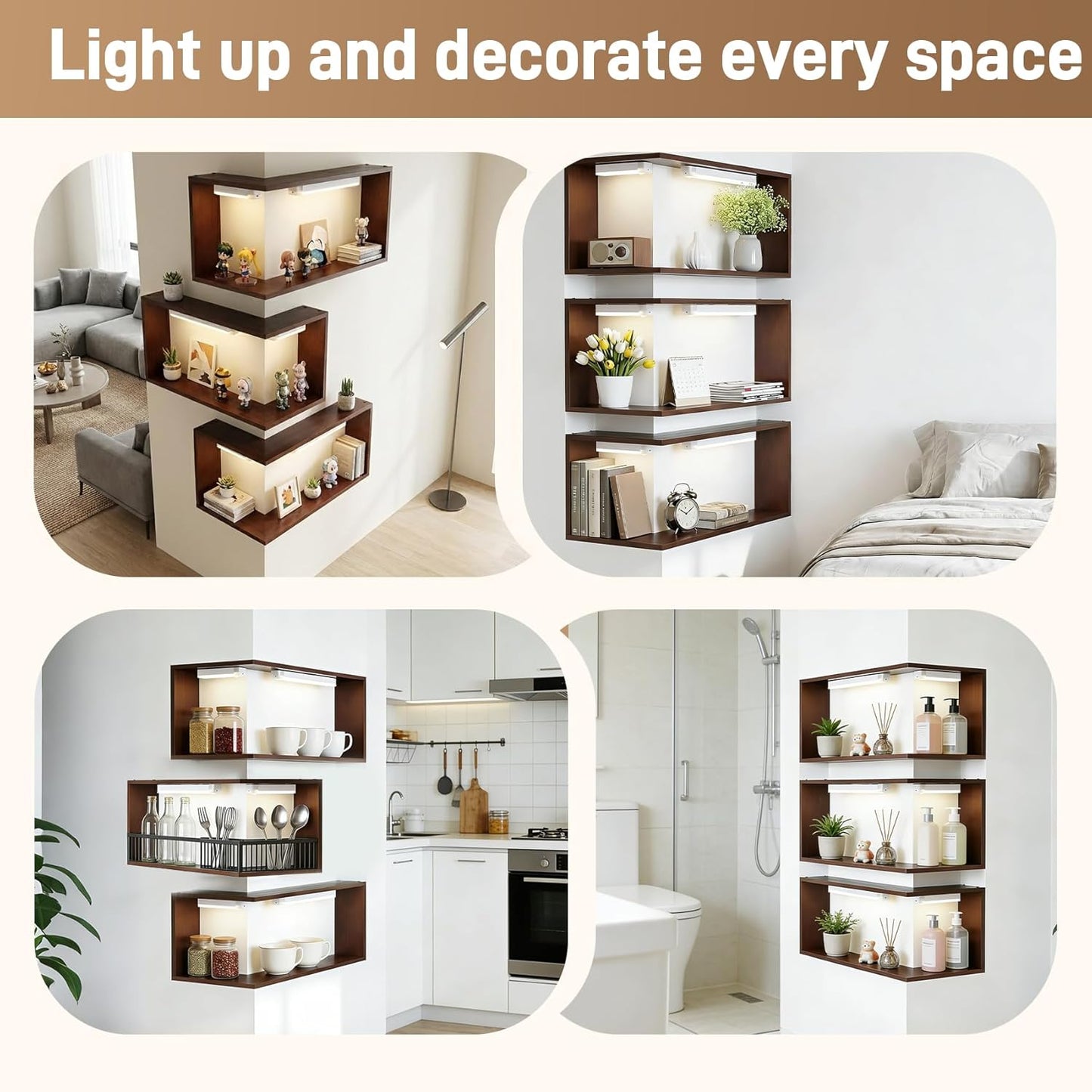 Floating Corner Shelves with Light, Set of 3 Corner Floating Storage Shelves for Living Room Bedroom Office Kitchen, Space-Saving (Including 6 LED Lights)