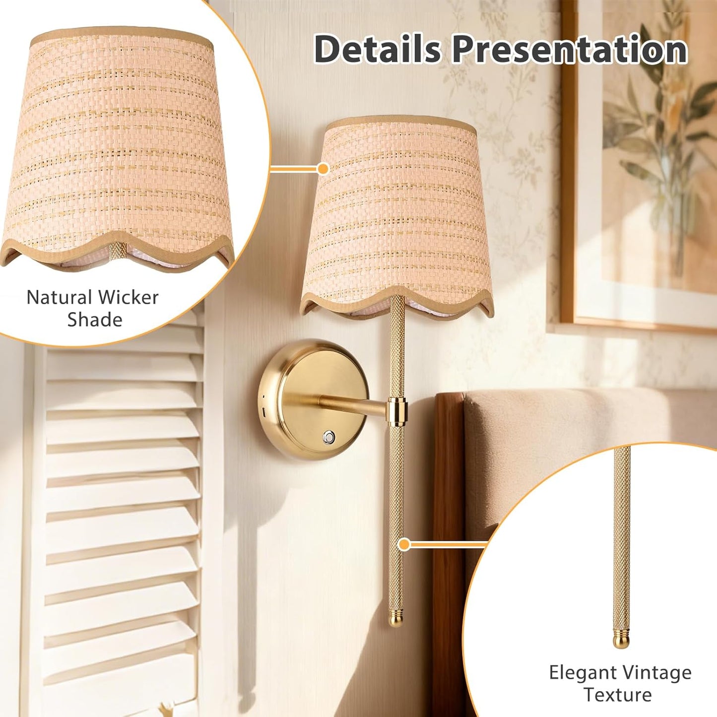 Battery Operated Boho Vintage Wall Sconce Set of 2, Stepless Dimming Rattan Magnetic Wall Lamp, 5200mAh Rechargeable Battery and Integrated LED, for Living Room Bedroom Hallway Corridor