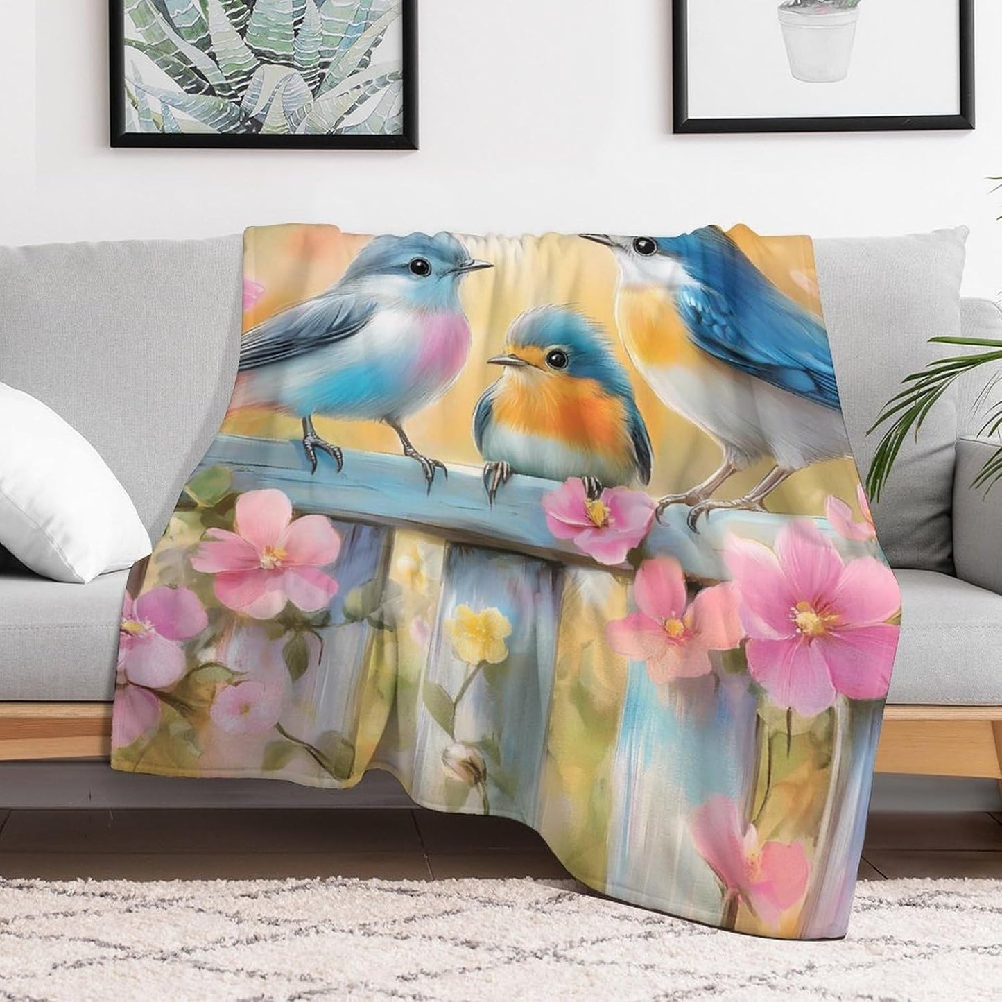 Blue Birds Throw Blanket for Couch Bed Plush Cozy Fuzzy Flannel Blanket for All Season 66"x90"