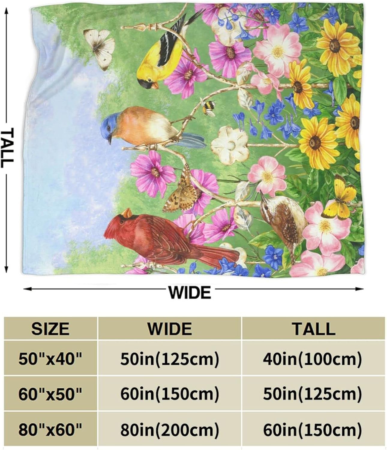 Perinsto Spring Flowers Birds Throw Blanket Ultra Soft Warm All Season Rustic Sunflowers Floral Cardinal Decorative Fleece Blankets for Bed Chair Car Sofa Couch Bedroom 60"X50"