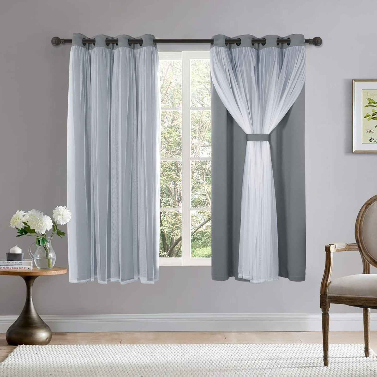 BONZER White Sheer Tulle Overlay Blackout Curtains Grommet Top Mix and Match Curtains for Bedroom, Cloud Grey, 52x63 Inch, Set of 2 Panels