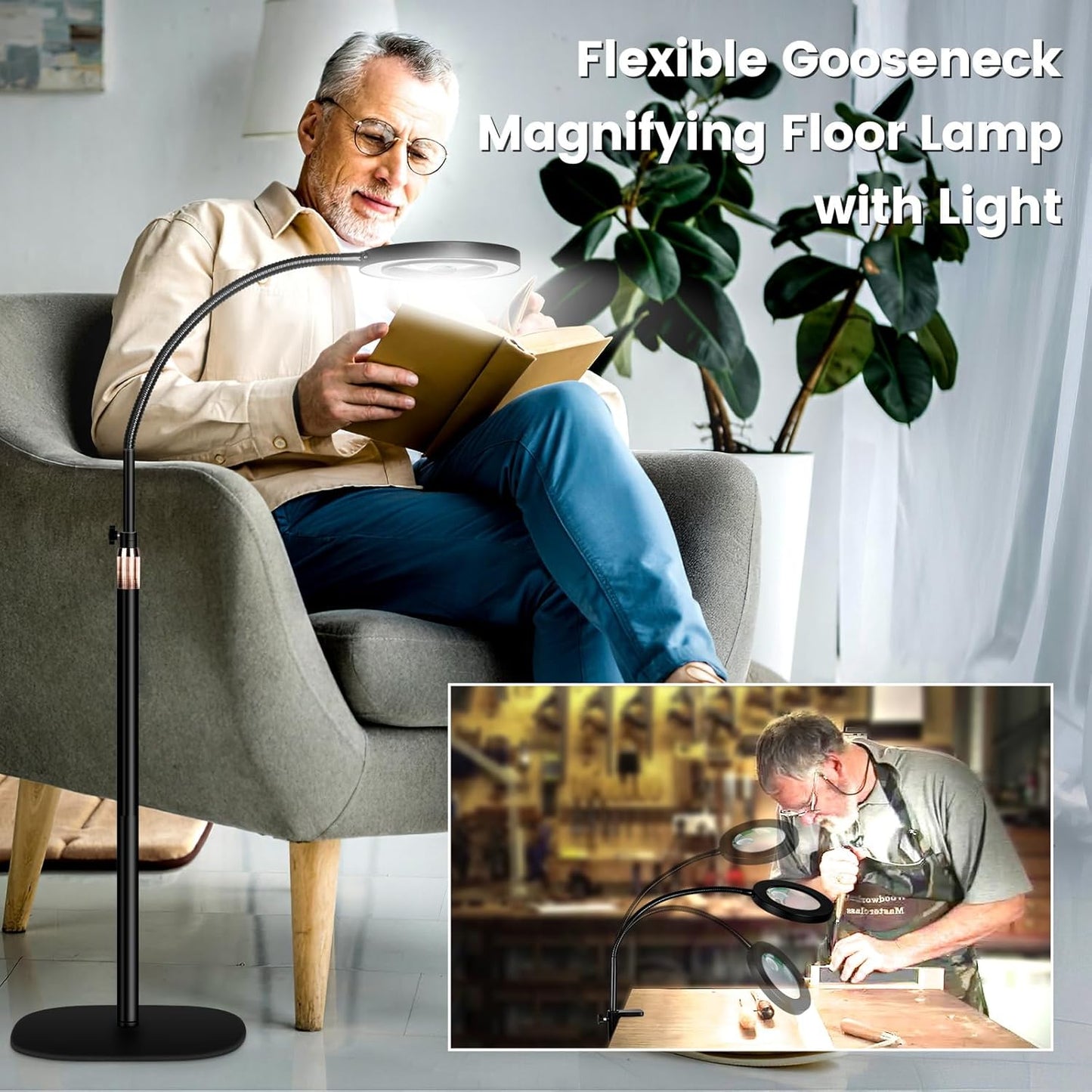 30X 12X Magnifying Glass with Light and Stand, 3-Color Stepless Dimmable LED Magnifying Floor Lamp, 24" Gooseneck Adjustable Swing Arm Lighted Magnifier Lamp with Clamp for Reading Esthetican