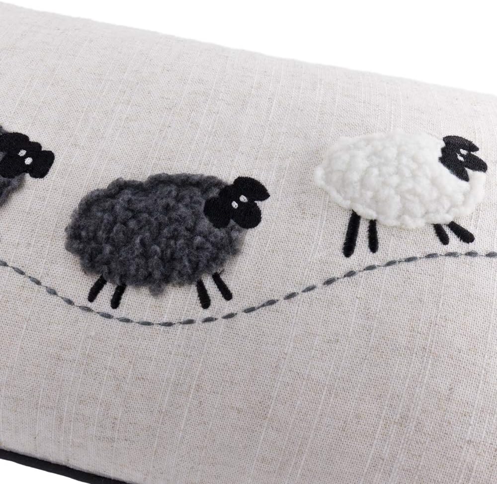 JWH Sheeps Pillow Cover Decorative Animal Embroidery Accent Pillow Case Lumbar Cushion Cotton Pillowcase for Sofa Couch Bed Living Room 12x20 Inch White and Gray